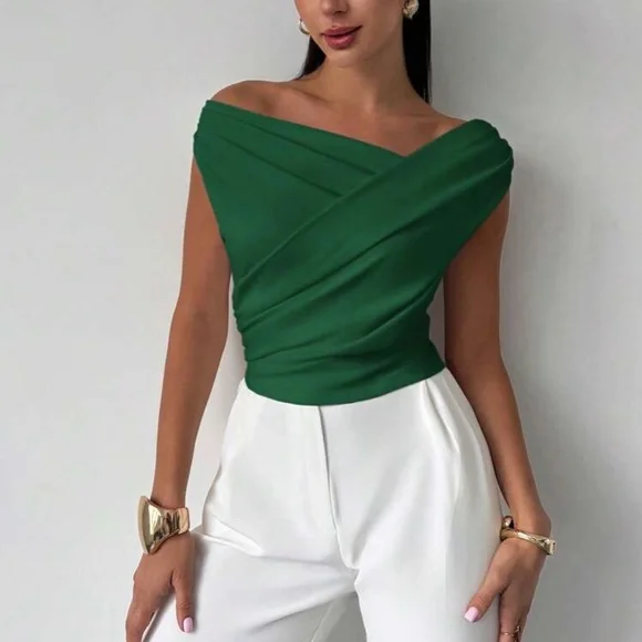 Elegant Red Off-Shoulder Asymmetrical Neck Blouse